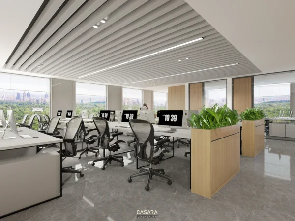 Văn phòng hiện đại, thoáng đãng với tầm nhìn thành phố rộng lớn.
