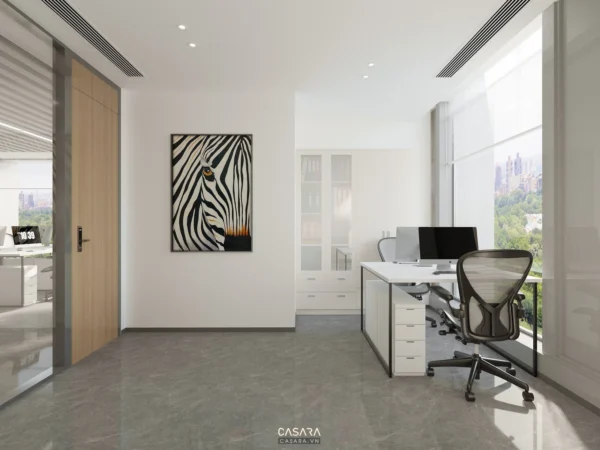 Văn phòng hiện đại, sáng sủa với cửa sổ lớn nhìn ra thành phố.