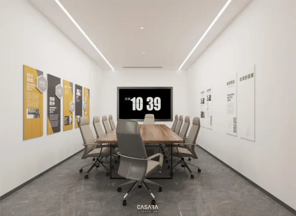 Phòng họp hiện đại, sáng sủa với bàn gỗ và màn hình lớn.