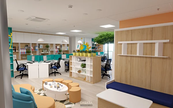 Văn phòng làm việc hiện đại, trẻ trung với thiết kế mở sáng sủa.