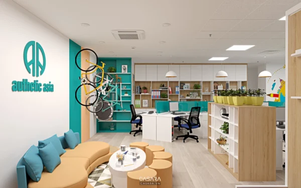 Văn phòng làm việc hiện đại, sáng sủa với điểm nhấn xanh dương và vàng.