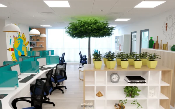 Văn phòng làm việc hiện đại, tươi sáng với nhiều cây xanh và thiết kế độc đáo.