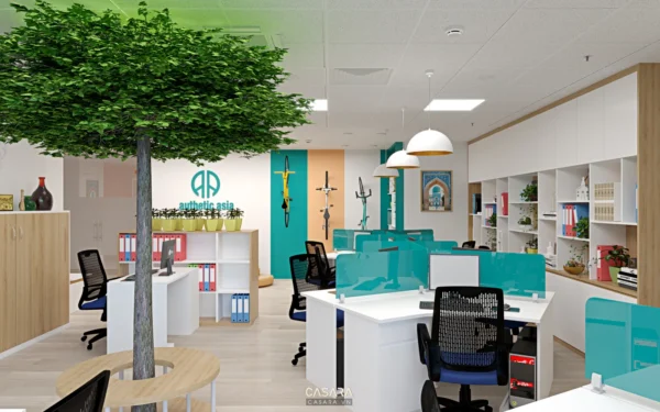 Văn phòng làm việc hiện đại, tươi sáng với cây xanh và nội thất đơn giản.