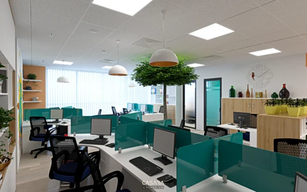 Văn phòng làm việc hiện đại, thoáng đãng với cây xanh trang trí.