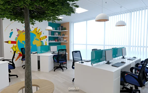 Văn phòng hiện đại, sáng sủa với cây xanh và tranh tường độc đáo.