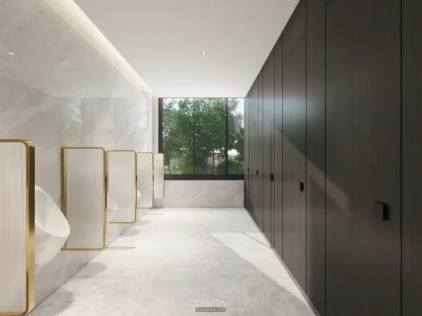 Nhà vệ sinh công cộng hiện đại, sang trọng với thiết kế tối giản.