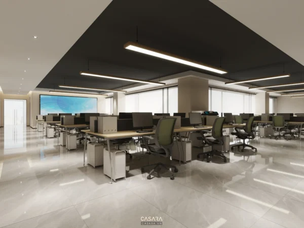 Văn phòng hiện đại, rộng rãi với thiết kế tối giản, ánh sáng trắng.