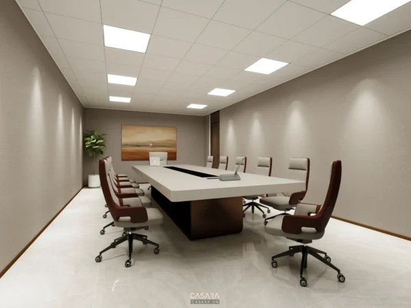 Phòng họp hiện đại, sang trọng với nội thất tối giản, ánh sáng trắng.