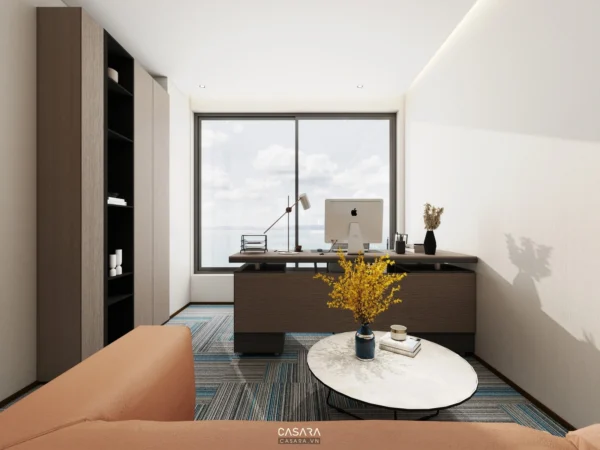 Phòng làm việc hiện đại, ánh sáng tự nhiên, thiết kế tối giản.