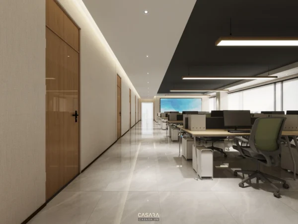 Hành lang văn phòng hiện đại, thoáng đãng với thiết kế tối giản.