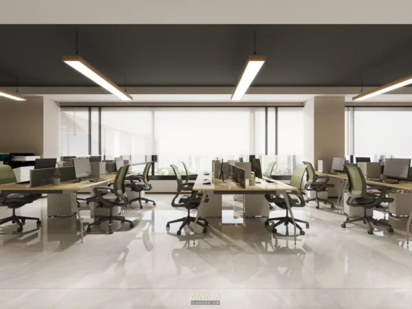Văn phòng hiện đại, rộng rãi với nhiều bàn làm việc và cửa sổ lớn.