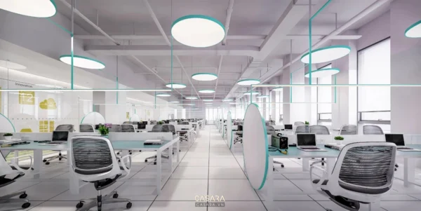 Văn phòng hiện đại, rộng rãi với ánh sáng trắng chủ đạo.