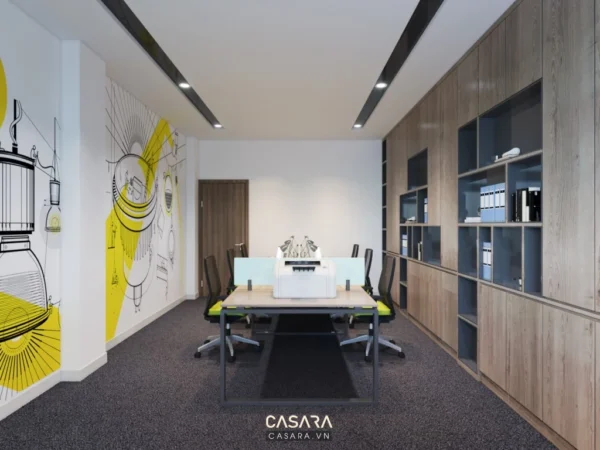 Văn phòng làm việc hiện đại, sáng sủa với tranh tường nghệ thuật.