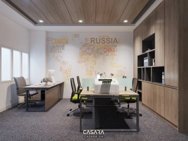 Văn phòng làm việc hiện đại với thiết kế tối giản, ấm cúng.