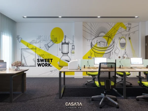 Văn phòng làm việc hiện đại với thiết kế tường độc đáo, sáng tạo.