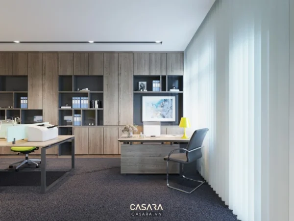 Phòng làm việc hiện đại, tối giản với tủ âm tường gỗ trang nhã.
