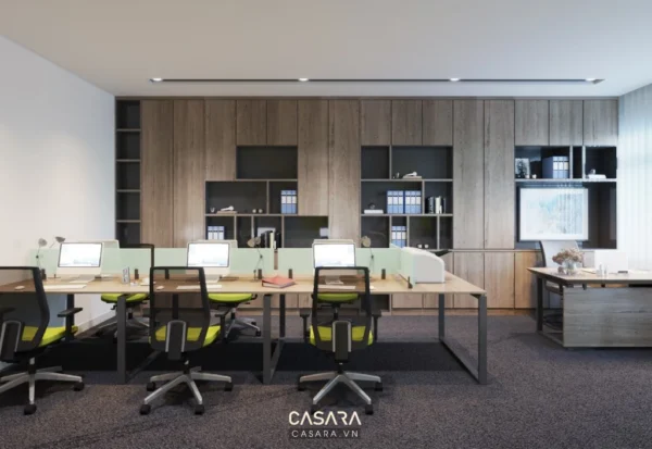 Văn phòng làm việc hiện đại, thoáng đãng với nội thất gỗ ấm cúng.