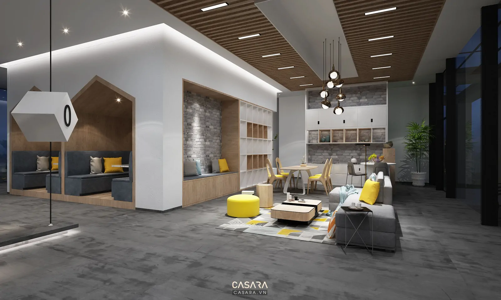 Phòng khách liền bếp với tường trắng ấm sofa chữ L và nội thất gỗ sáng