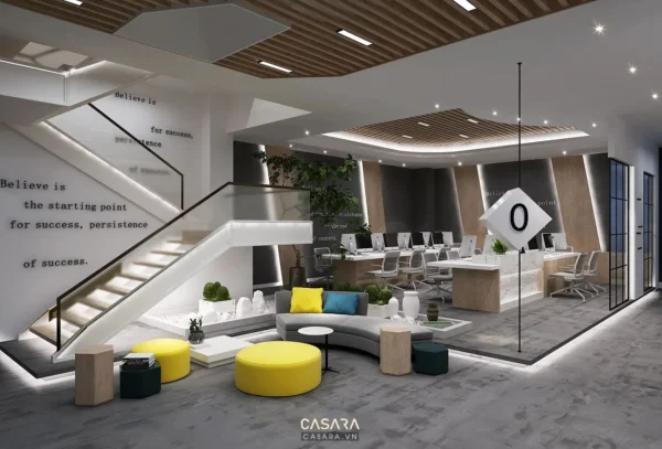 Văn phòng hiện đại với thiết kế mở, nội thất sáng tạo và đầy cảm hứng.