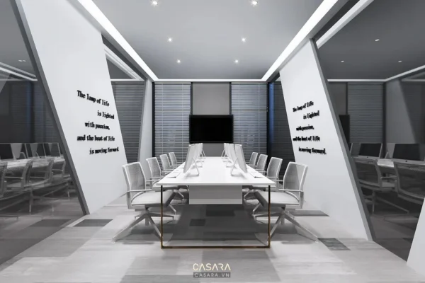 Phòng họp hiện đại với thiết kế độc đáo, tông màu trắng chủ đạo.