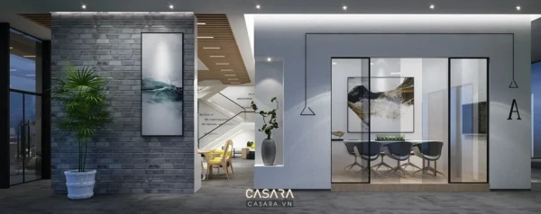 Khu vực tiếp khách và phòng ăn hiện đại, sang trọng với thiết kế tối giản.