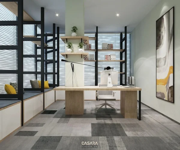 Phòng làm việc hiện đại, tối giản với kệ sách và bàn gỗ.