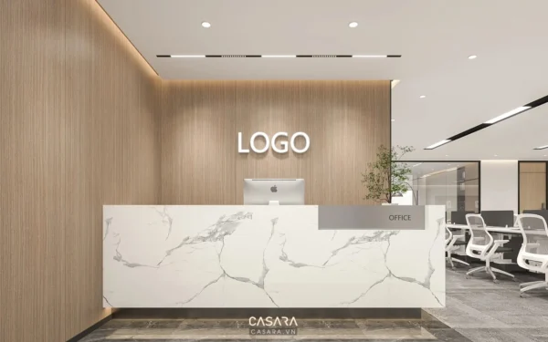 Quầy lễ tân văn phòng hiện đại, sang trọng với thiết kế tối giản.