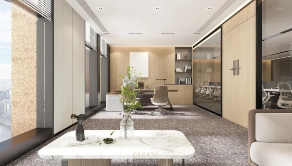 Văn phòng hiện đại, sang trọng với tông màu gỗ và trắng chủ đạo.