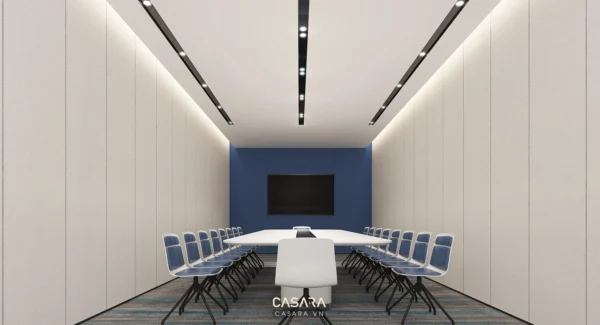 Phòng họp hiện đại, sang trọng với thiết kế tối giản, ánh sáng ấm áp.