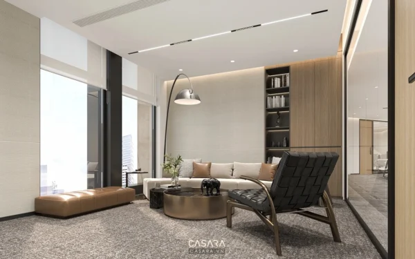 Phòng khách hiện đại, tối giản với tông màu trung tính ấm áp.