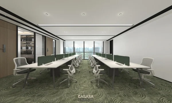 Phòng họp hiện đại, ánh sáng tự nhiên, thiết kế tối giản.