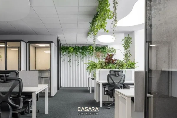 Không gian văn phòng hiện đại với cây xanh trang trí.