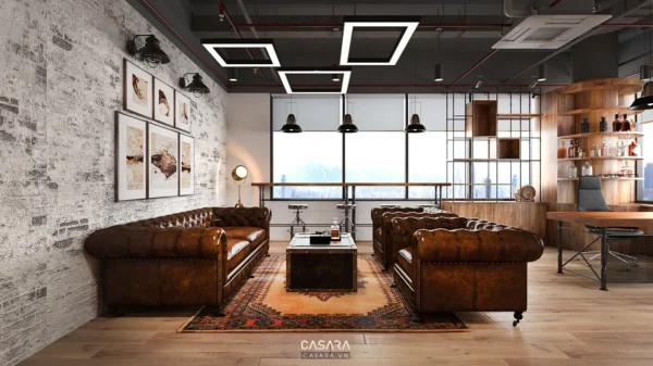 Phòng khách hiện đại với đồ nội thất da sang trọng và tông màu ấm áp.