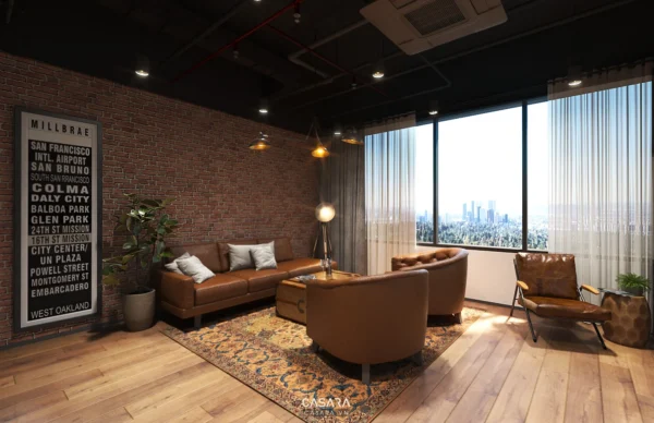 Phòng khách hiện đại với nội thất da nâu ấm cúng, view thành phố.