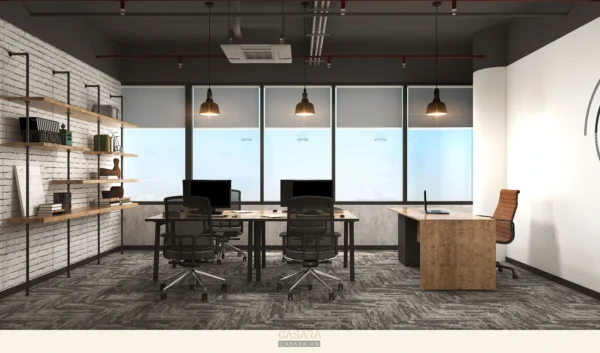 Phòng làm việc hiện đại, tối giản với kệ sách và cửa sổ lớn.