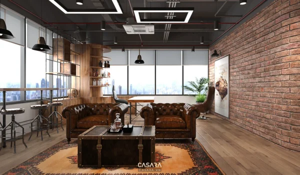 Phòng làm việc phong cách industrial với nội thất nâu, đen sang trọng.