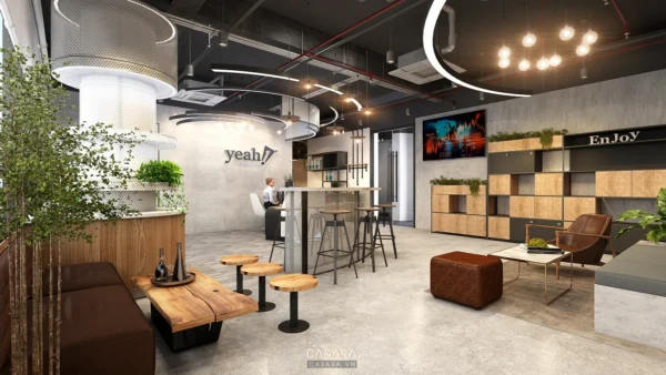 Khu vực tiếp khách văn phòng hiện đại với thiết kế độc đáo.