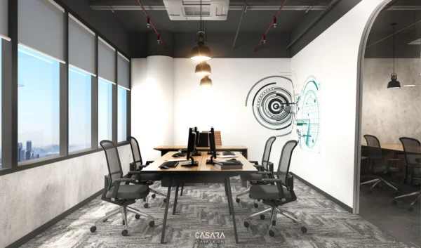 Phòng làm việc hiện đại, sáng sủa với cửa sổ lớn và thiết kế độc đáo.