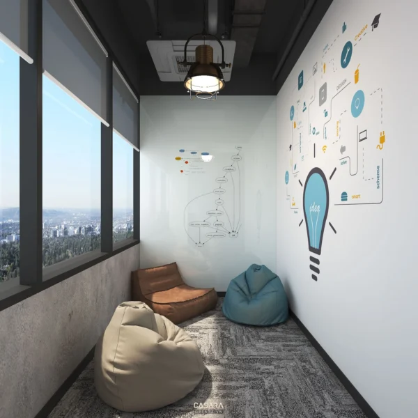 Góc làm việc sáng tạo với ghế đậu và tranh vẽ minh họa ý tưởng.