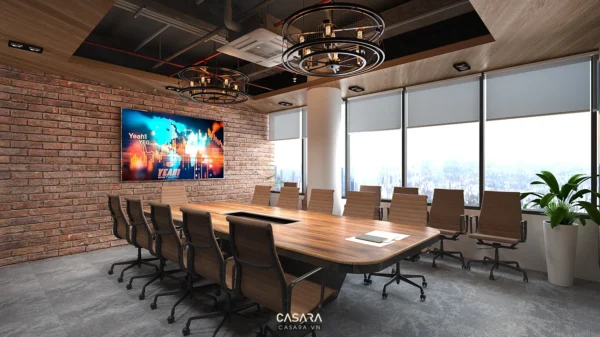 Phòng họp hiện đại với tường gạch và tầm nhìn thành phố rộng lớn.