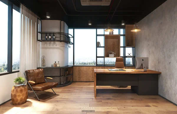 Phòng làm việc hiện đại, tối giản với cửa sổ lớn nhìn ra thành phố.