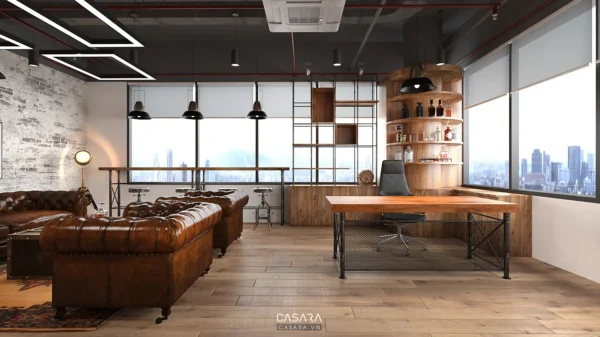 Văn phòng làm việc hiện đại, sang trọng với nội thất gỗ và da.