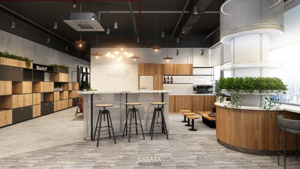 Không gian văn phòng hiện đại, ấm cúng với thiết kế mở và nhiều cây xanh.