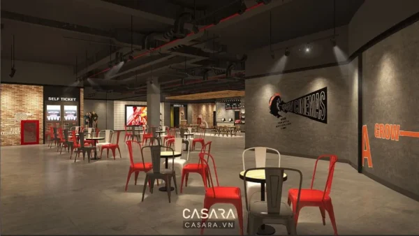 Khu vực sảnh chờ rạp chiếu phim hiện đại với thiết kế ấn tượng.