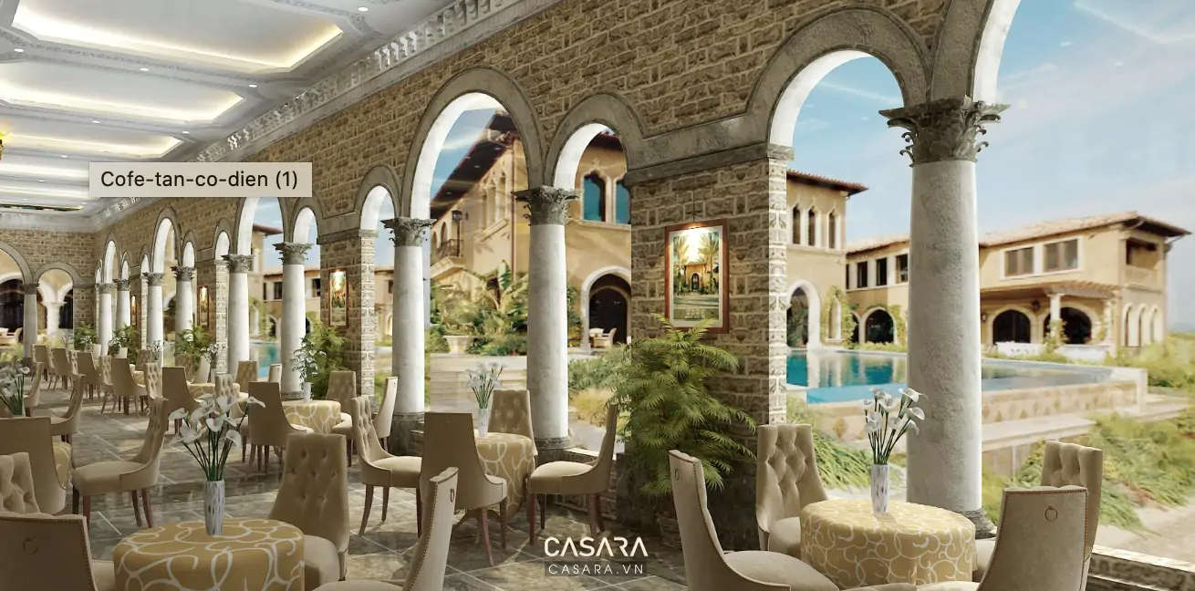 Phối cảnh nội thất cafe đẹp với bàn ghế gỗ sofa sát tường và cây xanh