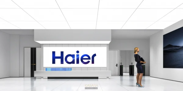 Khu vực lễ tân rộng rãi với logo Haier nổi bật.