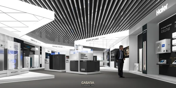 Gian hàng Haier hiện đại, trưng bày đa dạng thiết bị gia dụng cao cấp.