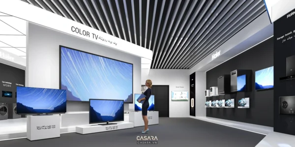Gian hàng điện máy hiện đại với nhiều TV lớn, thiết kế sang trọng.