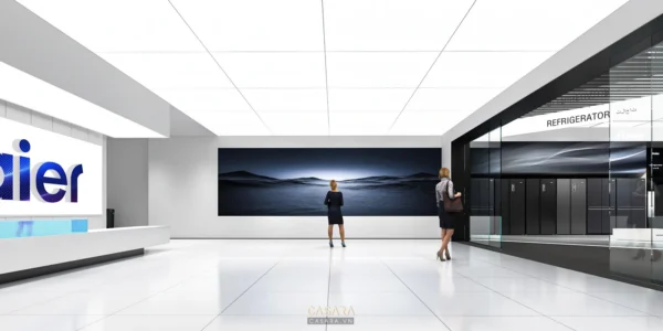 Nội thất hiện đại với màn hình lớn và người phụ nữ đang đi.