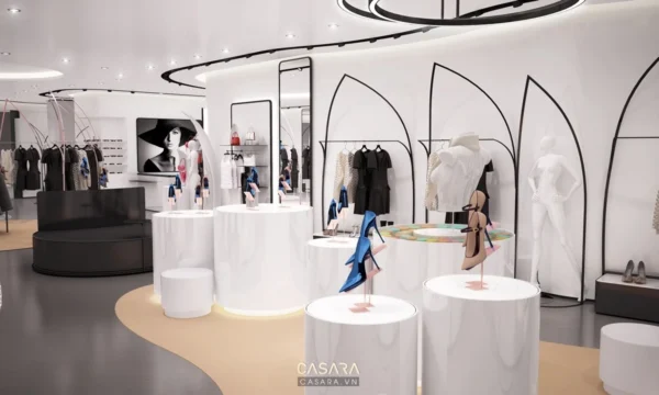 Cửa hàng thời trang thiết kế hiện đại, sang trọng với tông trắng chủ đạo.